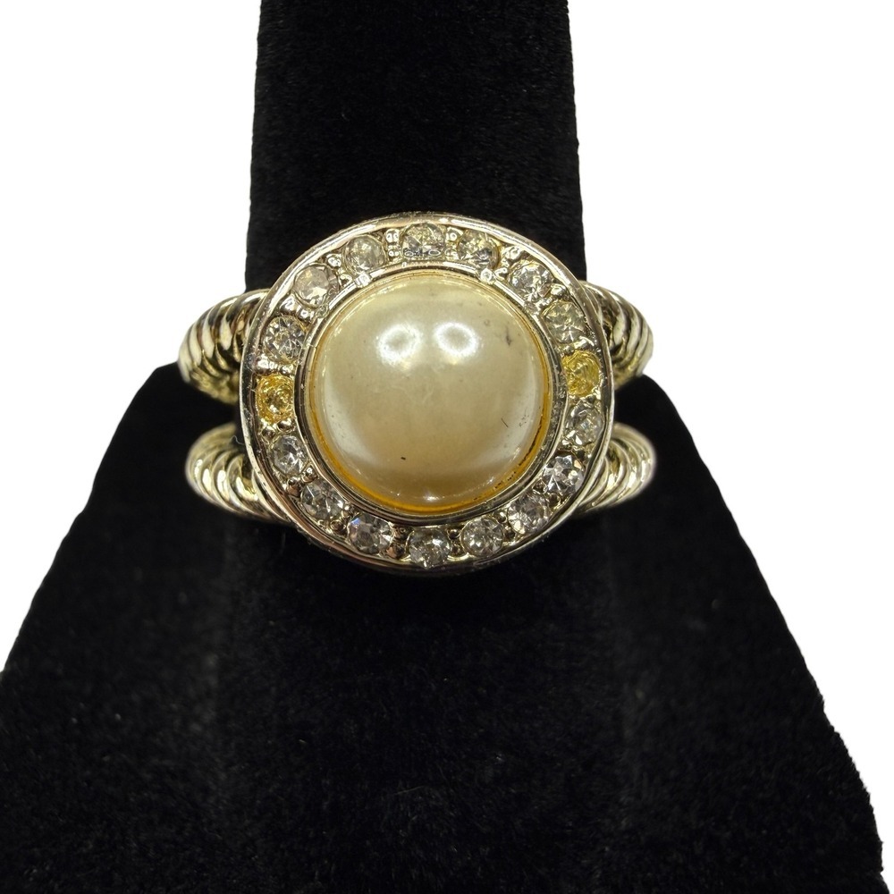 Elegant Gold Tone Faux Pearl & Rhinestone Statement Ring Fashion Jewelry Size 7